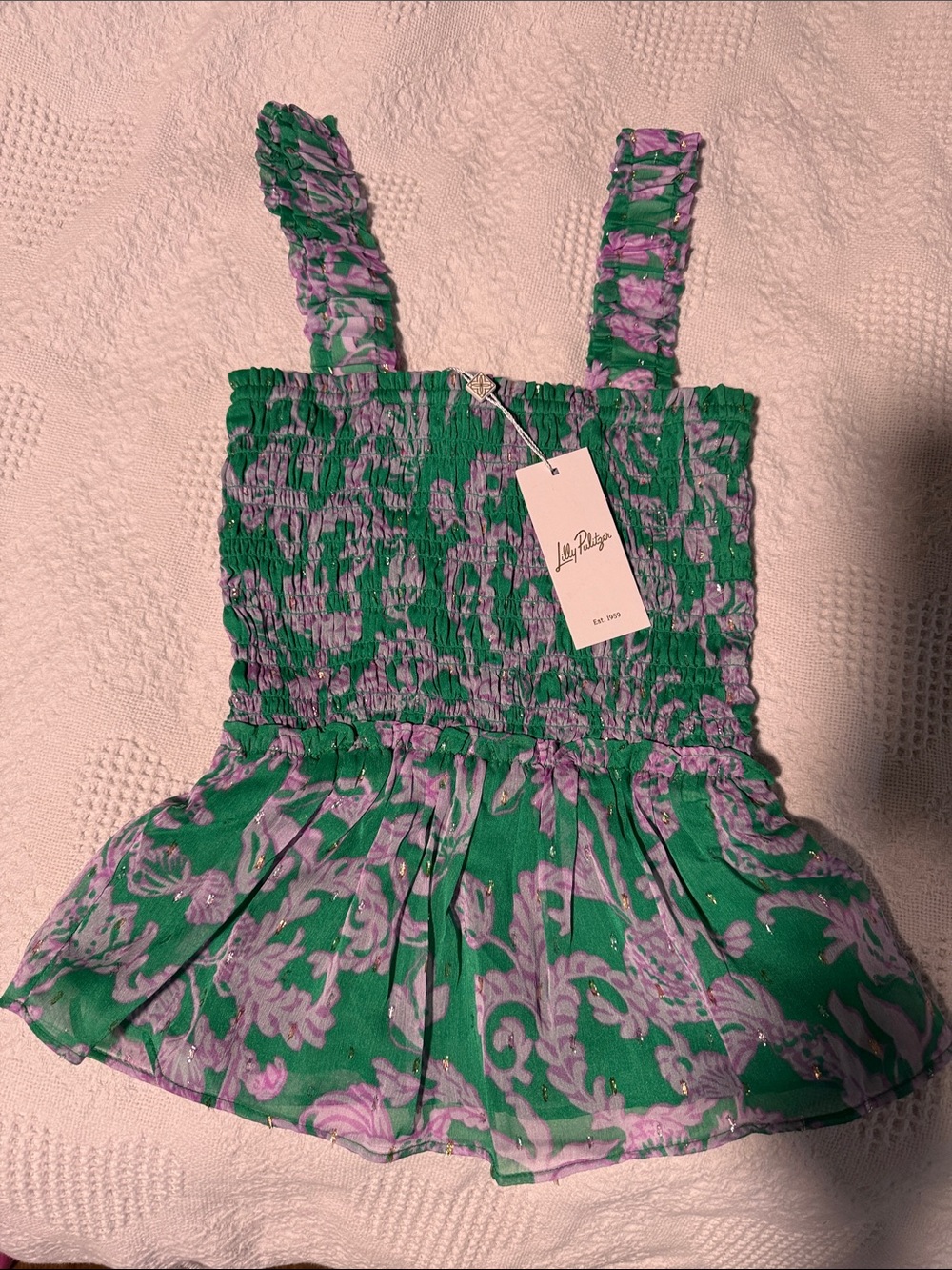 Lilly Pulitzer Green & Lavender Smocked Peplum Tank Top